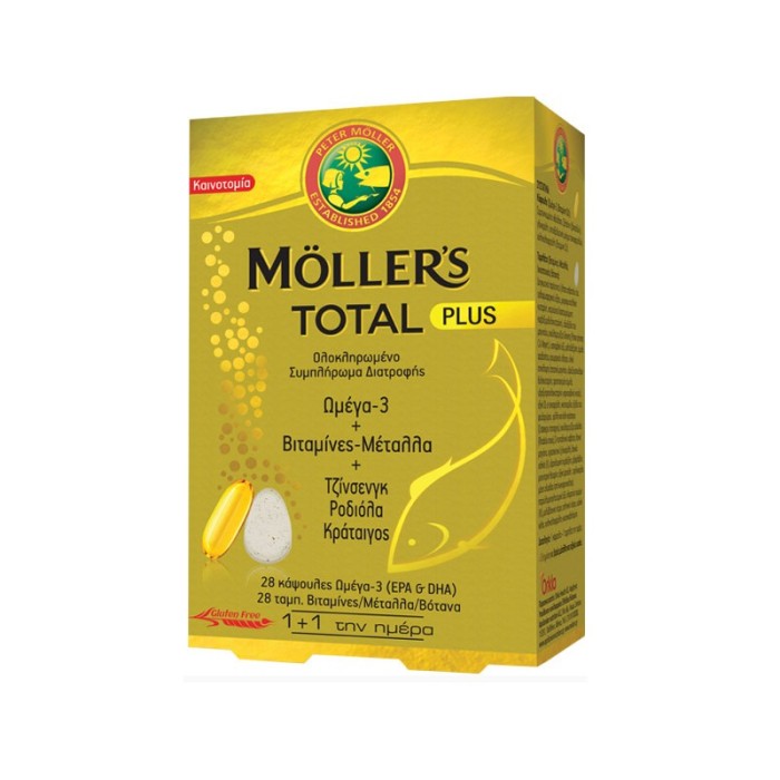 Moller's Total Plus Ωμέγα 3 28 κάψουλες Βιταμίνες & Μέταλλα, Τζίνσενγκ, Ροδιόλα & Κράταιγος 28 ταμπλέτες