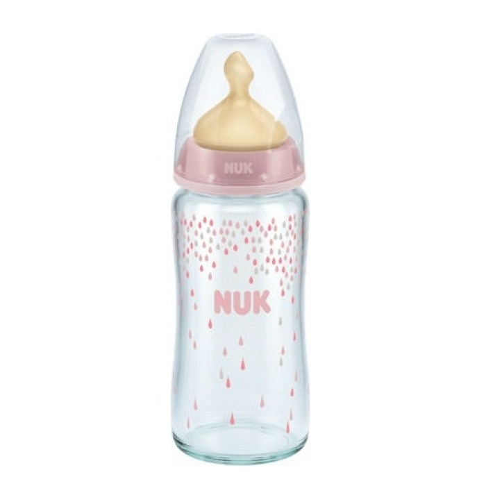 Nuk First Choice+ Μπιμπερό Γυάλινο 240ml Με Θηλή Καουτσούκ Ροζ Σταγόνες 0-6 μηνών