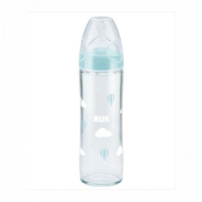 Nuk Classic New Γυάλινο Μπιμπερό 240ml με Θηλή Σιλικόνης, Γαλάζια Συννεφάκια  0-6 μηνών