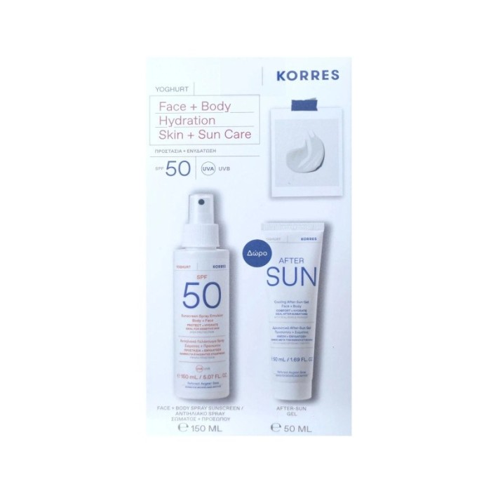 Korres PΡΟΜΟ Yoghurt Sunscreen Spray SPF50  Αντηλιακό Γαλάκτωμα Προσώπου & Σώματος  με 150ml & After Sun Cooling Gel Προσώπου & Σώματος με Βρώσιμο Γιαούρτι 50ml (Box 2023)