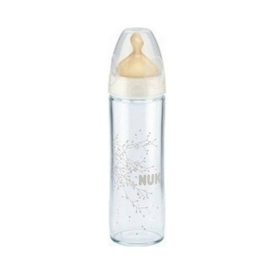 Nuk Classic New Γυάλινο Μπιμπερό 240ml με Θηλή Σιλικόνης, Λευκό  0-6 μηνών 240ml