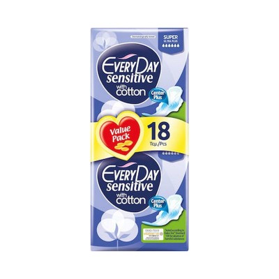 Every Day Sensitive with Cotton Super Ultra Plus Σερβιέτες με Φτερά για Αυξημένη Ροή 6 Σταγόνες 18τμχ