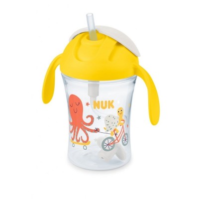 Nuk Motion Cup Παιδικό Πλαστικό Ποτηράκι 230ml με Λαβές και Καλαμάκι, Κίτρινο, Χταποδάκι  8m+