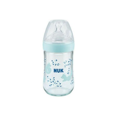 Nuk Nature Sense Γυάλινο Μπιμπερό 240ml  με Θηλή Σιλικόνης, Μπλε Αλεπού και Δείκτη Θερμοκρασίας  για 0-6 μηνών
