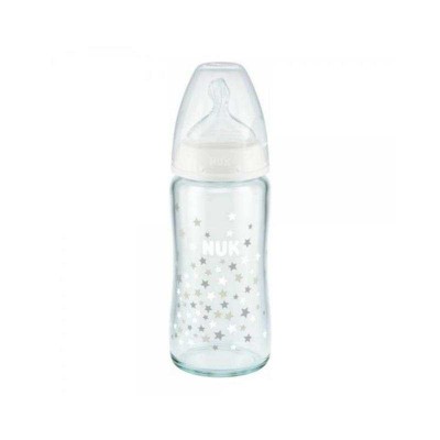 Nuk First Choice+ Μπιμπερό Γυάλινο 240ml Με Θηλή Σιλικόνης Λευκά Αστεράκια και Δείκτη Θερμοκρασίας 0-6 μηνών