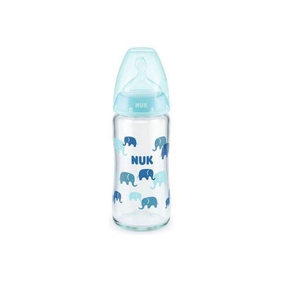 Nuk First Choice+ Μπιμπερό Γυάλινο 240ml Με Θηλή Σιλικόνης Μπλε Ελεφαντάκια και Δείκτη Θερμοκρασίας 0-6 μηνών