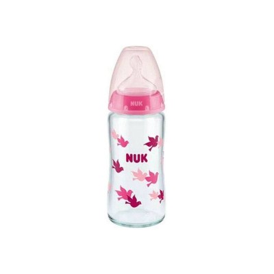 Nuk First Choice+ Μπιμπερό Γυάλινο 240ml Με Θηλή Σιλικόνης Ροζ Πουλάκια και Δείκτη Θερμοκρασίας 0-6 μηνών