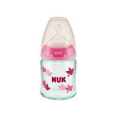 Nuk First Choice+ Μπιμπερό Γυάλινο 120ml Με Θηλή Σιλικόνης Ροζ Πουλάκια και Δείκτη Θερμοκρασίας  0-6 μηνών