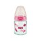 Nuk First Choice+ Μπιμπερό Γυάλινο 120ml Με Θηλή Σιλικόνης Ροζ Πουλάκια και Δείκτη Θερμοκρασίας  0-6 μηνών