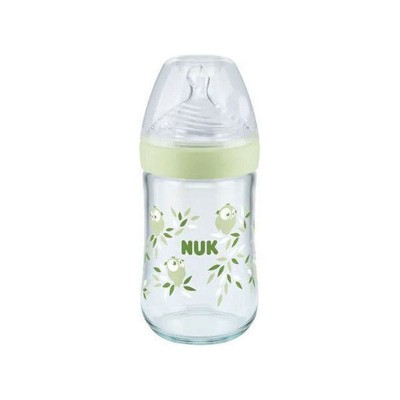 Nuk Nature Sense Γυάλινο Μπιμπερό 240ml με Θηλή Σιλικόνης Πράσινη Κουκουβάγια και Δείκτη Θερμοκρασίας για 0-6 μηνών