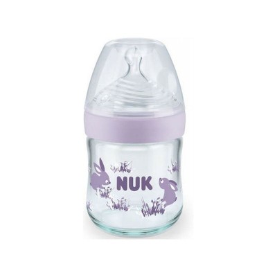 Nuk Nature Sense Γυάλινο Μπιμπερό 120ml με Θηλή Σιλικόνης, Μωβ, Λαγουδάκια και Δείκτη Θερμοκρασίας για 0-6 μηνών