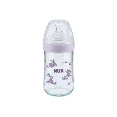 Nuk Nature Sense Γυάλινο Μπιμπερό 240ml με Θηλή Σιλικόνης, Μωβ Ελαφάκια και Δείκτη Θερμοκρασίας για 0-6 μηνών