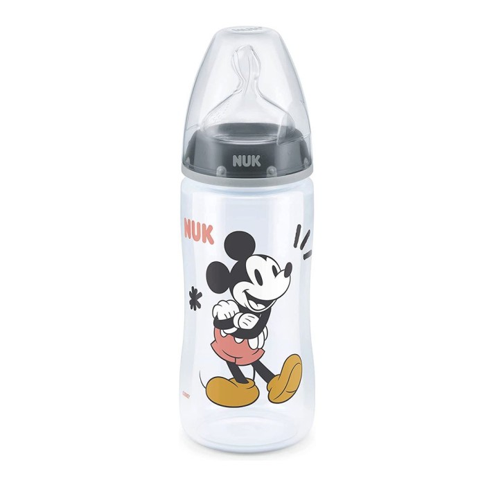 Nuk Πλαστικό Μπιμπερό First Choice Plus Temperature Control Mickey & Minnie Κατά των Κολικών με Θηλή Σιλικόνης 300ml για 6-18 μηνών Grey