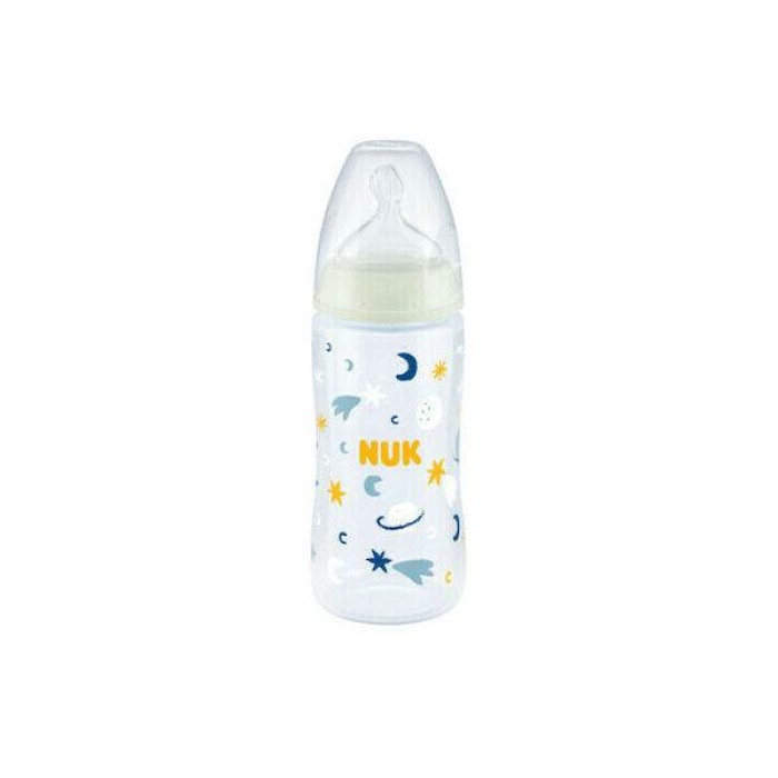 Nuk First Choice+ Μπιμπερό Πλαστικό 300ml  Night  Plus με Δείκτη Ελέγχου Θερμοκρασίας Θηλή Σιλικόνης Πλανήτες Αστεράκια  6m+ 