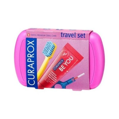 Curaprox TRAVEL SIZE Be You Ροζ, Οδοντόβουρτσα Ταξιδιού 1τμχ, Οδοντόκρεμα Λεύκανσης Τζιν Τόνικ & Λωτός 10ml, Λαβή 1τμχ & Μεσοδόντια Βουρτσάκια 2τμχ