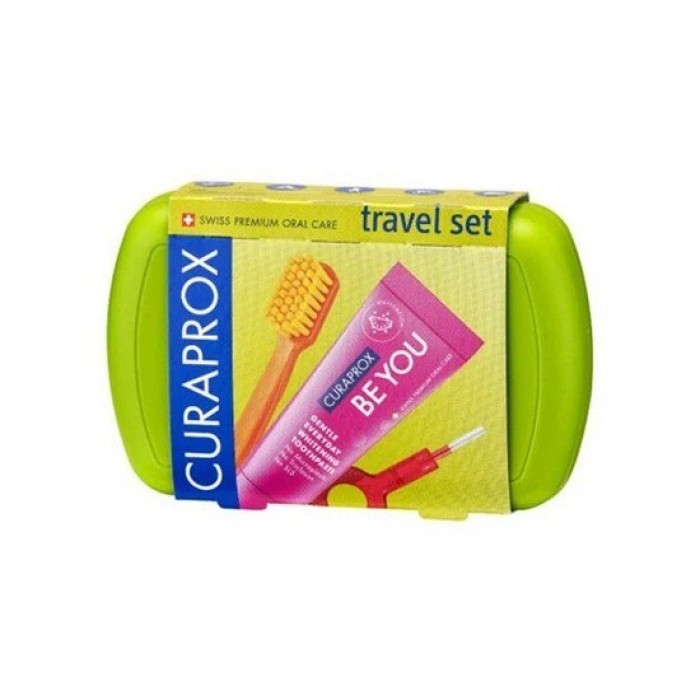 Curaprox TRAVEL SIZE Be You Πράσινο, Οδοντόβουρτσα Ταξιδιού 1τμχ, Οδοντόκρεμα Λεύκανσης Καρπούζι 10ml, Λαβή 1τμχ & Μεσοδόντια Βουρτσάκια 2τμχ.