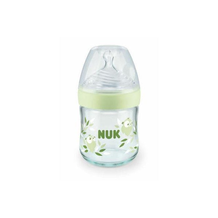 Nuk Nature Sense Γυάλινο Μπιμπερό 120ml με Θηλή Σιλικόνης, Πράσινες Κουκουβάγιες και Δείκτη Θερμοκρασίας για 0-6 μηνών