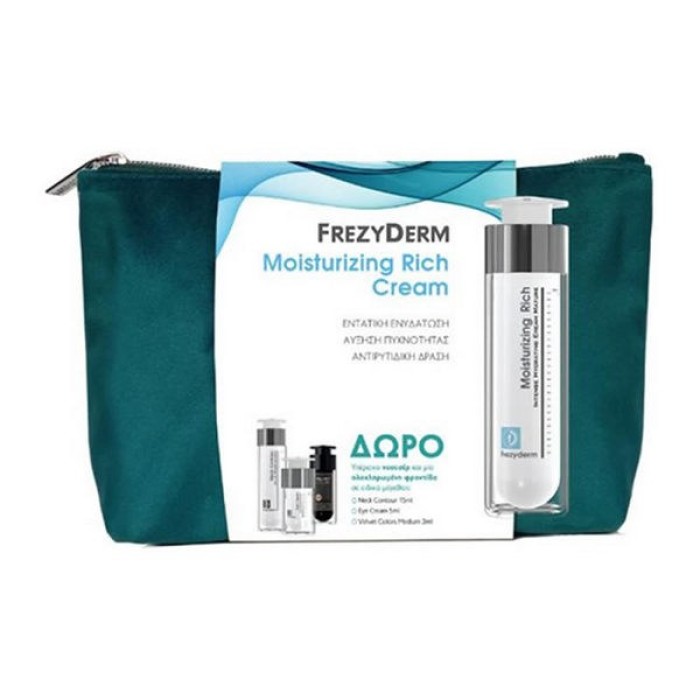 Frezyderm NEW Promo  ΣΕΤ για Ώριμες Επιδερμίδες  -Νεσεσέρ  με  Moisturizing Rich Κρέμα Προσώπου 50ml για Εντατική Ενυδάτωση, Αύξηση Πυκνότητας & Αντιρυτιδική Δράση,  Eye cream 5ml , Neck Contour 15ml, Velvet  Colors 2ml  (5τμχ)