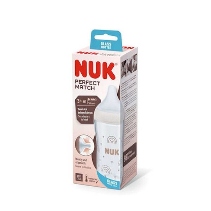 Nuk  Perfect Match Γυάλινο Μπιμπερό Κατά των Κολικών με Θηλή Σιλικόνης & Δείκτη Θερμοκρασίας για 3+ μηνών 260ml - Ουράνιο Τόξο 