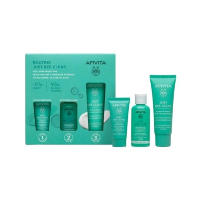 Apivita Promo Just Bee Clear Blemish Control Cream 40ml & Pore Minimizing Purifying Lotion 50ml & Cleansing Gel 15ml