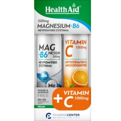 Health Aid Promo Pack Magnesium + B6 Γεύση Λεμόνι 20 αναβρ. δισκία + Vitamin C 1000mg Γεύση Πορτοκάλι 20 αναβρ. δισκία
