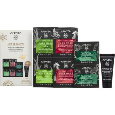 Apivita Let It Glow Express Beauty Moisturizing & Refreshing Aloe Face Mask 2x8ml & Revitalization Pomegranate Face Mask 2x8ml & Ginkgo Biloba Eye Mask 2x2ml & Black Detox Cleansing Jelly 15ml