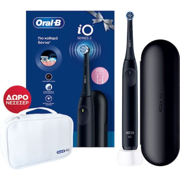 Oral-B iO Series 2 Black Ηλεκτρική Οδοντόβουρτσα με Αισθητήρα Πίεσης, Θήκη Ταξιδίου & Δώρο Νεσεσέρ 