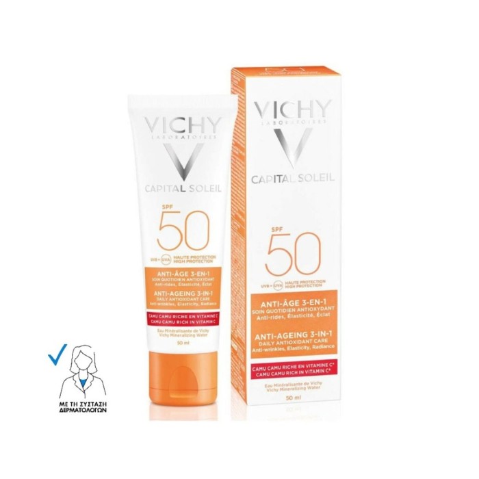 Vichy Capital Soleil Anti-Age 3 in 1 SPF50 Αντηλιακή Κρέμα Προσώπου με Αντιγηραντική Δράση, 50ml